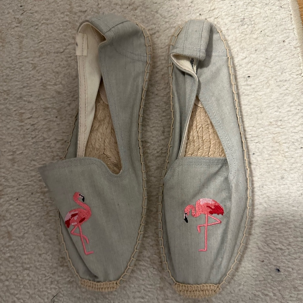 Women's Light Gray Espadrilles with Pink Flamingo Embroidery